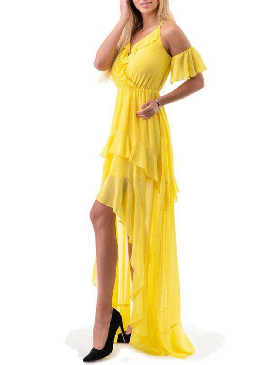 Yellow Ruffled Cold Shoulder Maxi Dress Size Large High Low | eBay