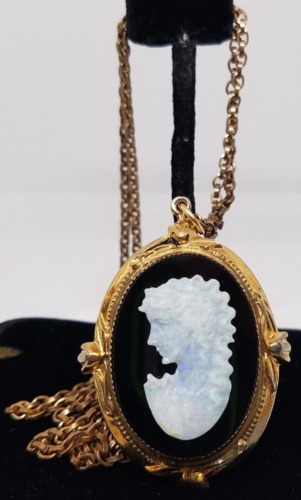 VINTAGE LOCKET on CHAIN with HAND-CARVED OPAL CAM… - image 1