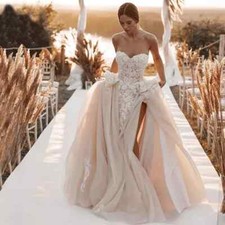 Vintage Slit Tulle Wedding Dress For Bride Strapless Floor Length Bridal Gown