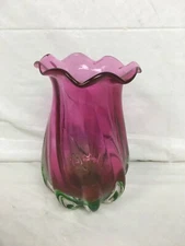 Vintage Teleflora Art Glass Vase 7.5"  X  4.5"  Thick, Heavy Glass - Pink/Green