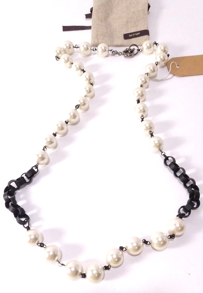 Lee Angel Neiman Marcus Women's Glass Pearl Black Enamel Link Necklace NWT 495
