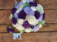 Wedding Bouquet with a matching Boutonniere in Ivory and Shades of Purple