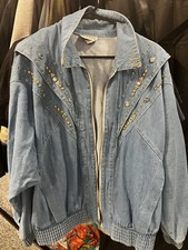 Vintage 80s Pado women's denim jean jacket Gold Rhinestone Embellished