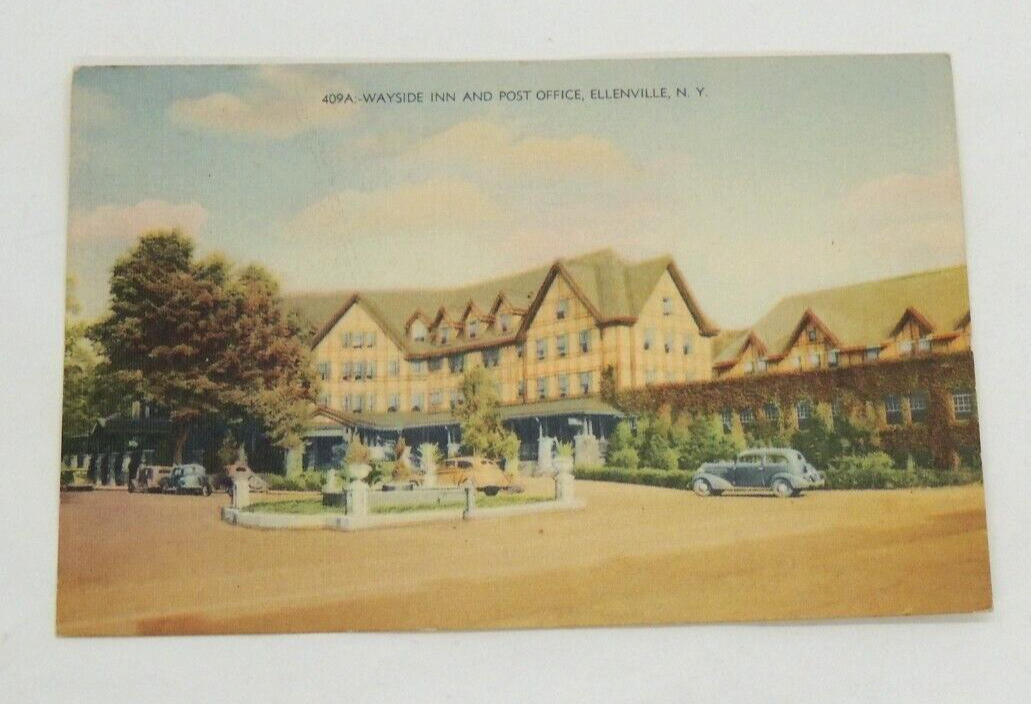 Vintage Postcard Ellenville NY Wayside Inn and Post Office Old Cars and