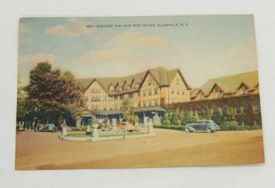 Vintage Postcard Ellenville NY Wayside Inn and Post Office Old Cars and