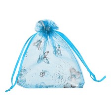 100 Pcs Organza Bag 4"x5" Sheer Butterfly Mesh Bags Drawstring Lake Blue-Silver