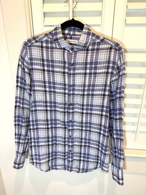 Massimo Dutti Men s Linen Shirt Plaid Long Sleeve Size Small Blue EUC