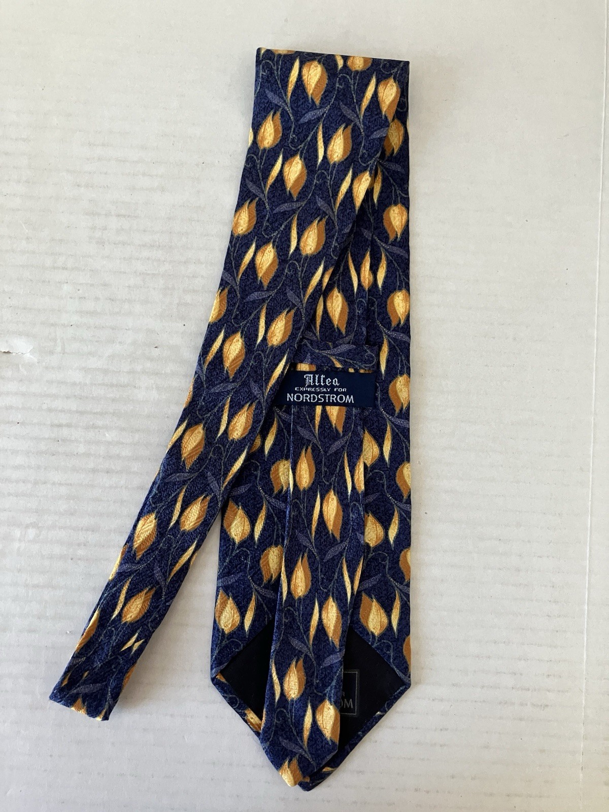 Altea Nordstrom Men's Necktie Tie Silk Woven Blue Gold Leaves Vines Made Italy