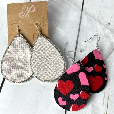 2 Pair Plunder Dangle Teardrop Pierced Earrings Leather-Like Rhinestones Hearts - Image 1 of 4