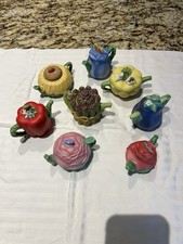 Set of 8 Ceramic Novelty Miniature Teapots Vegetable Flower Shaped Multicolor