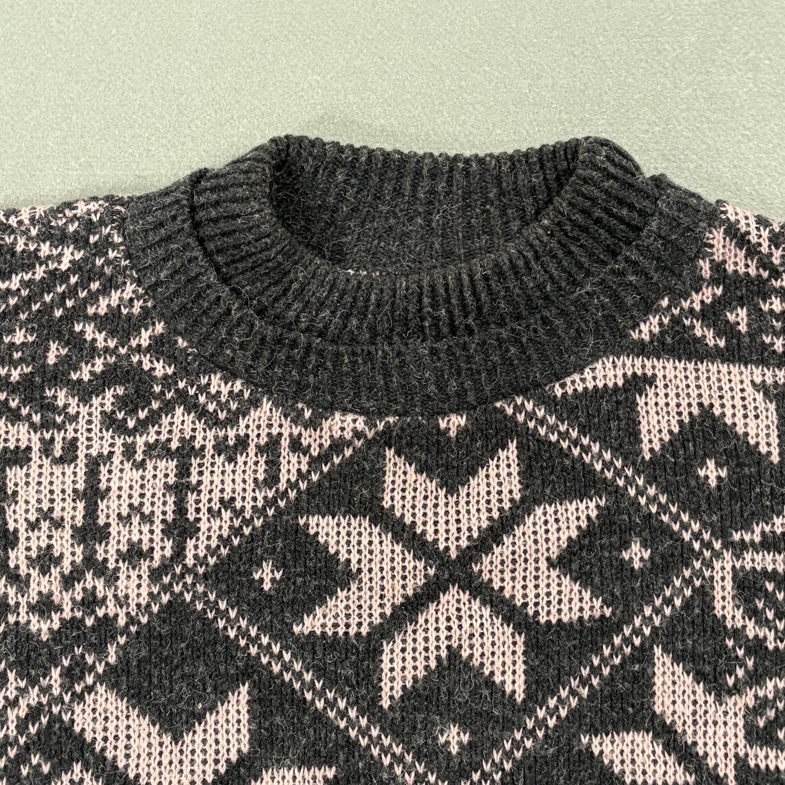 Vintage Winter Sweater Women S Gray Pink Snowflake Angora Blend Fair Isle USA