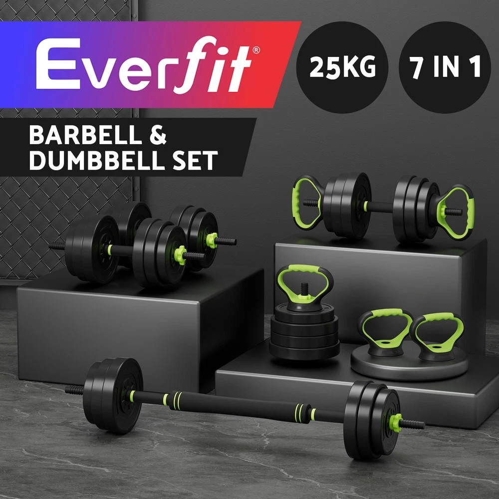 Everfit 25kg Adjustable Dumbbells Set Kettle Bell Weight Plates Barbells Gym