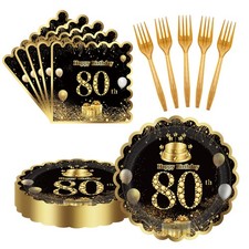 60 Pcs 80th Black gold Paper Plates and Napkins Forks Birthday 7inch, Gold