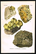 1911 Pyrite & Marcasite – Antique Mineral Print – Chromolithograph Plate 7