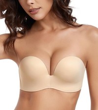 Lemorosy Strapless Plunge Bra Size 36C Push Up Seamless Invisible Anti-Slip Nude