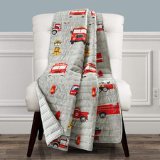 Fire Truck Throw Blanket, Red  Gray, 50" W X 60" L - Toddler Blanket - Reversib