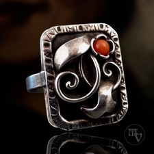 Antikschmuck - Antiker Silber Damenring Floral mit Koralle 900 Silber Gr. 56