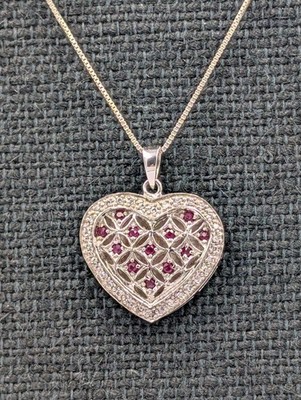 Rare Vtg 90's Danbury Mint Sterling 925 Dozen Rubies Heart Pendant 18'' Necklace