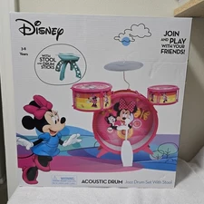 New Disney Minnie Mouse Junior Acoustic Jazz Drum Set With Stool Pink / Teal