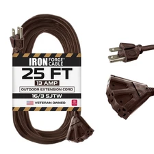 25 Ft Brown Outdoor Extension Cord with 3 Outlet Pigtail -16/3 SJTW 3 Prong Plug