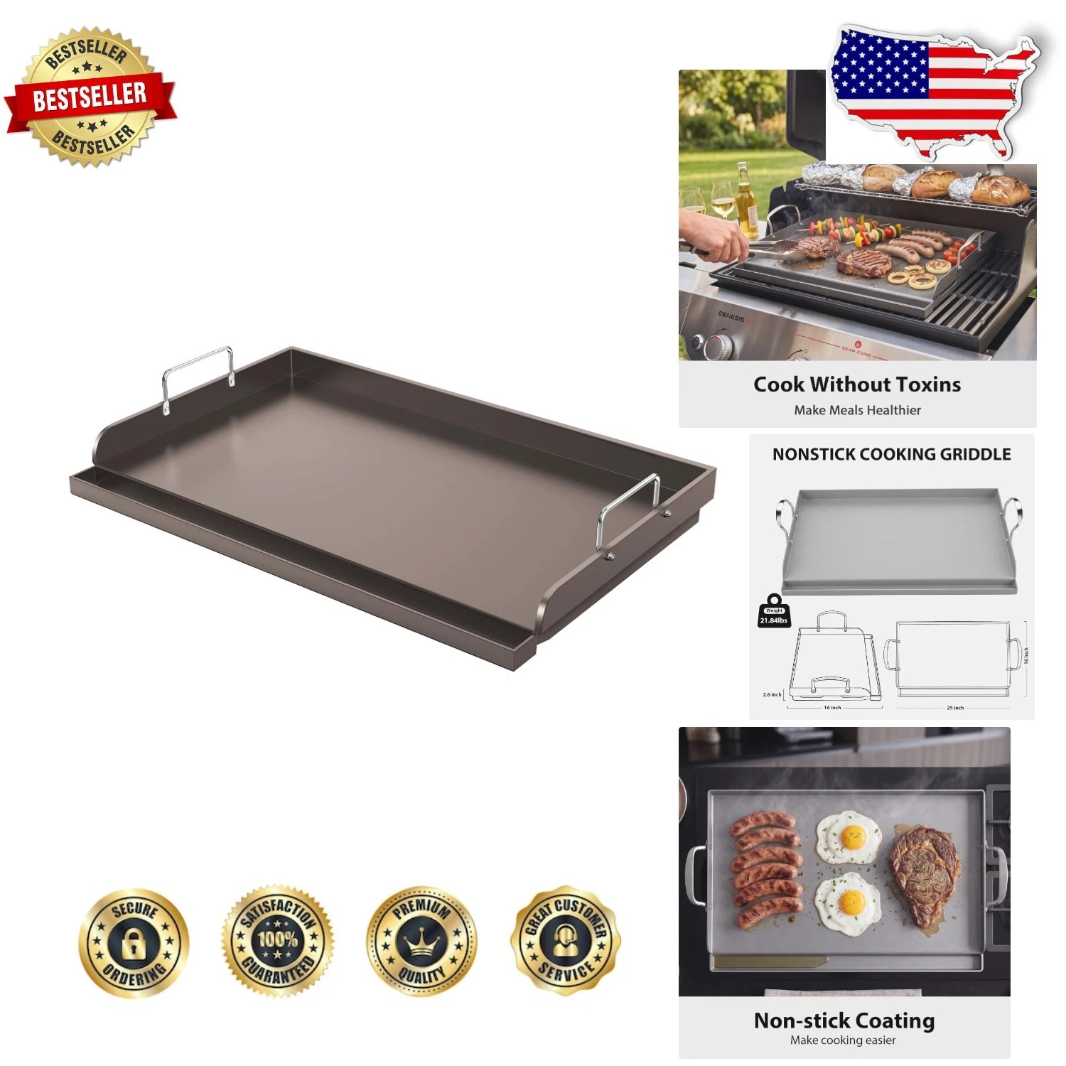 Versatile 25"x16" Cast Iron Griddle for Gas Grill, Tailgating, Rectangular Plate