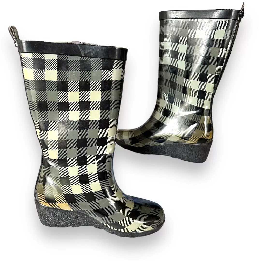Clarks Women s Black Gray Plaid Wedge Rain boots Size 8M eBay