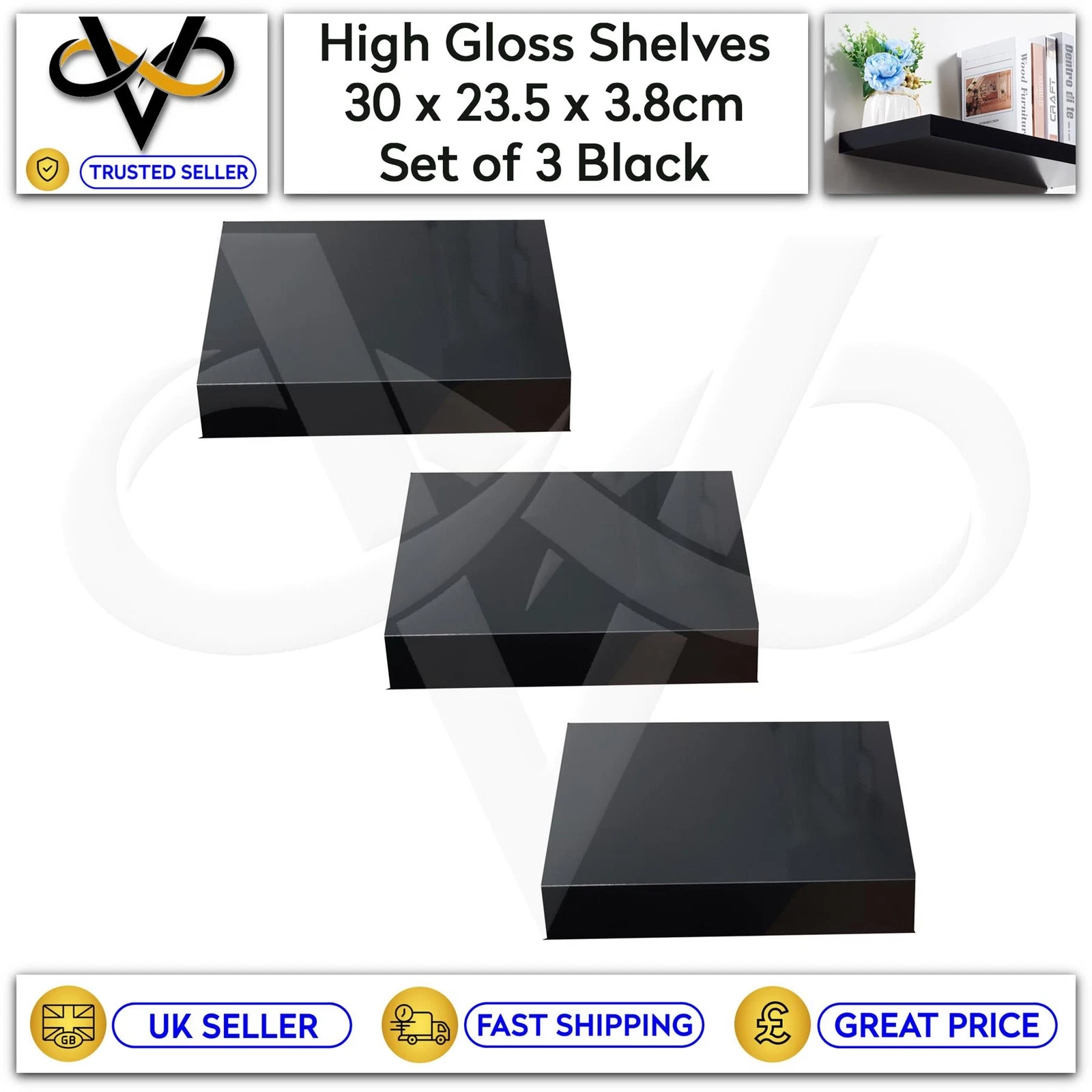 3 x Modern High Gloss Black Floating Wall Shelves Bookcase Display 30x23.5cm