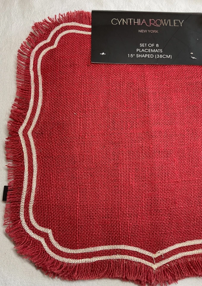Manteles individuales Cynthia Rowley (8) 15X15 borde marfil rojo flecos de arpillera 100 % yute nuevo en paquete Foto 2 de 2