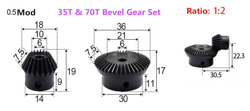 Motor Bevel Gear 0.5Mod/0.75Mod/0.8Mod/1Mod 90° 1:2 Pairing Meta
