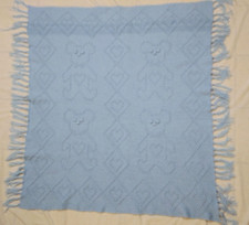 Blue Teddy Bear Hand Crocheted Baby Afghan Hearts Fringe Kids Blanket Cozy