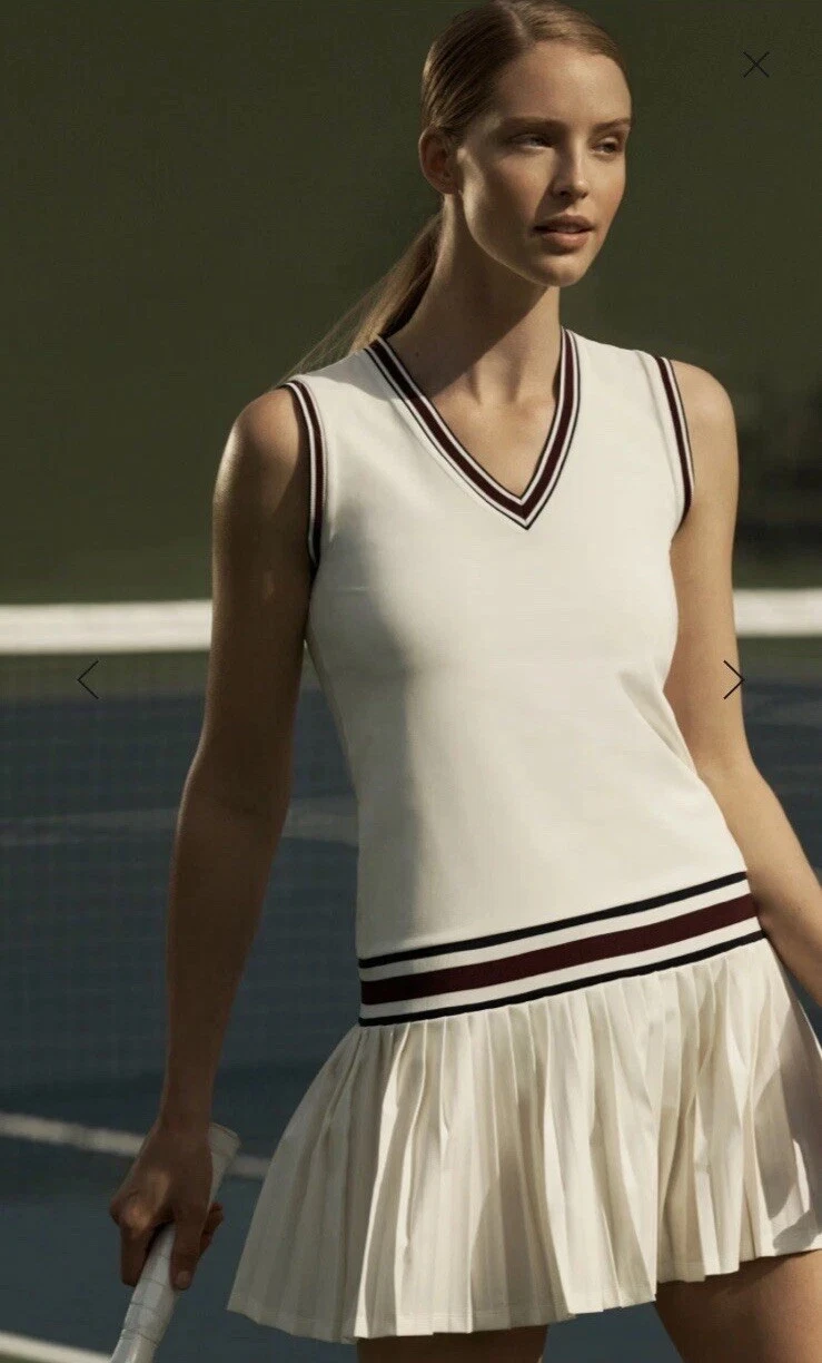 Abito da tennis Tory Burch Tory Sport Performance scollo a V bianco neve taglia M nuovo con etichette