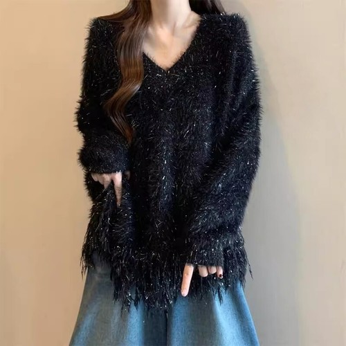Damenpullover Herbst Winter V-Ausschnitt lockere Passform Strick Kunstnerz Pelz Quaste Freizeit - Bild 6 von 13