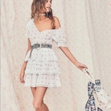 LoveShackFancy Azura Mini Dress Printed Puff Sleeve Lace Trim Ruffle Ivory NWD S