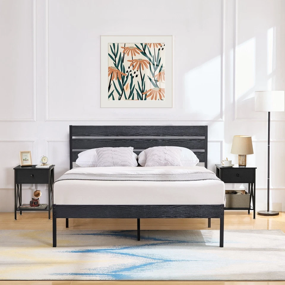 Juego de muebles de dormitorio de 3 piezas moderno queen tamaño completo marco de cama con 2 mesitas de noche Foto 3 de 4