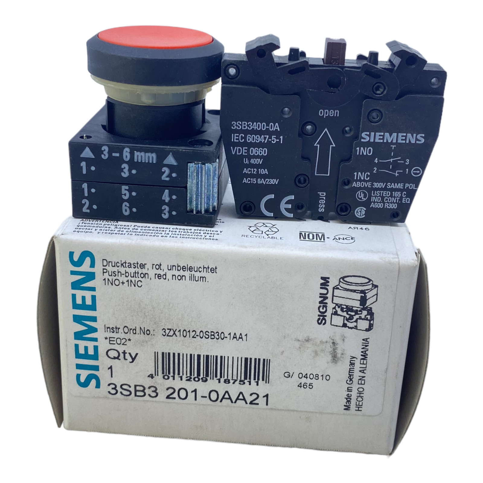 Siemens 3SB3201-0AA21 Pushbutton 1NO+1NC Red Unilluminated 400V 10A 6A/230V 230V