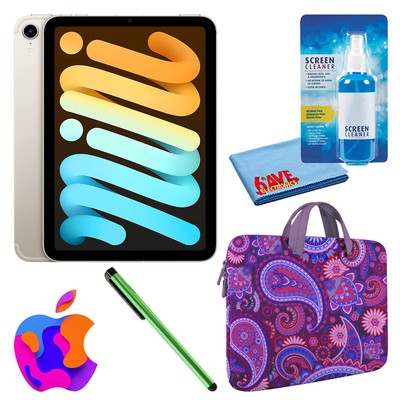 Apple iPad Mini 6 (256GB, Wi-Fi, Starlight) Bundle with Purple Paisley Sleeve