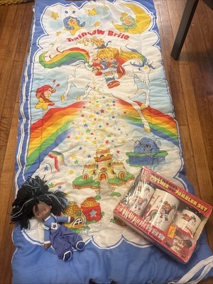 Vintage Rainbow Brite Lot With Sleeping Bag, Doll And Pitches And Tumbler Set