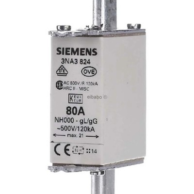 6x Siemens 3NA3824 NH000 80A 500V gG Fuse Link SENTRON Customs Included