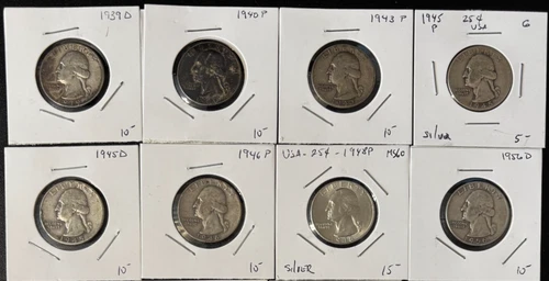8 US Silver Washington Quarters, including an AU or UNC as per photos