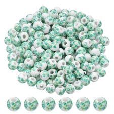 200 Pcs Porcelain Beads, 8mm Printed Ceramic Beads Round Flower Beads Handmad...