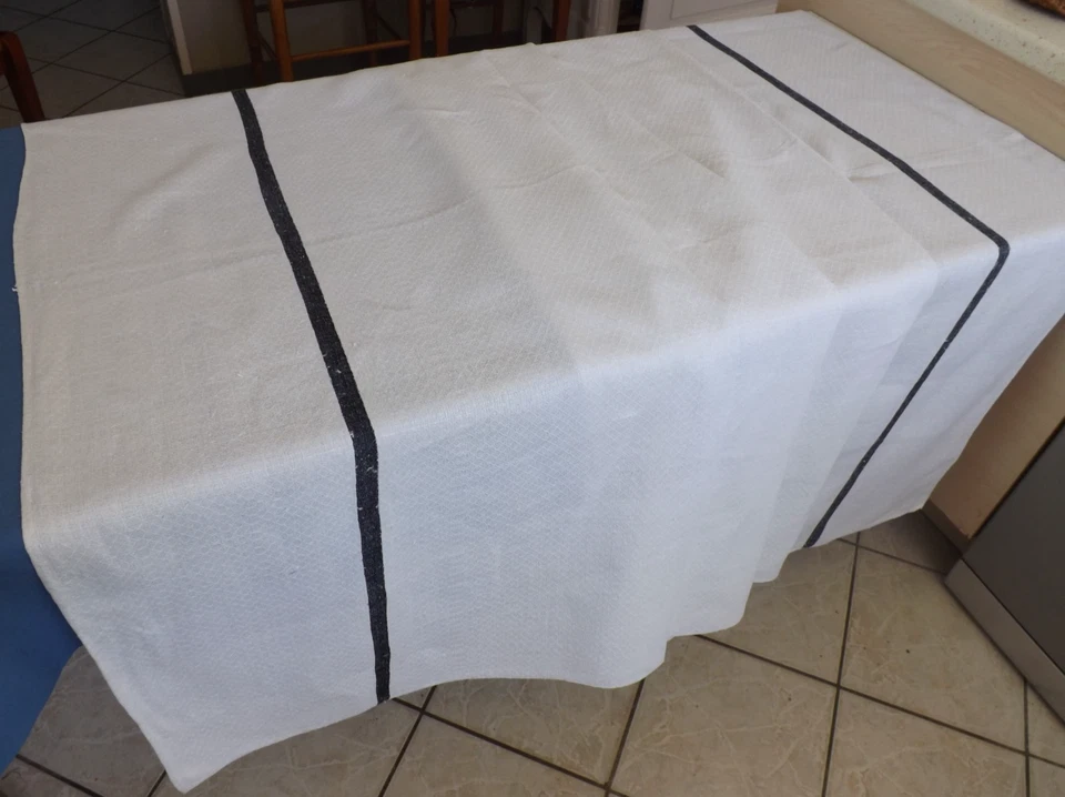 nappe en lin, liteaux bleus foncé, dites de "vendanges", 2.54 X 1.52 m, fin 19ém - Photo 4/4