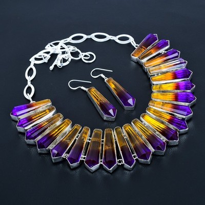 Ametrine Gemstone Handmade 925 Sterling Silver Jewelry Necklace+ Earring VJ 1443