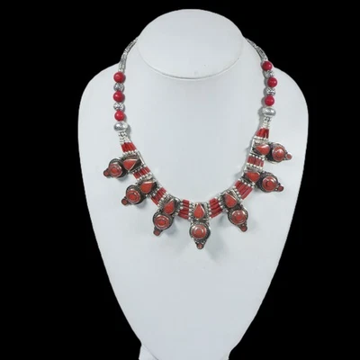Collier corail rouge collier tibétain imitation perles bijoux collier ras du cou - Photo 1/4
