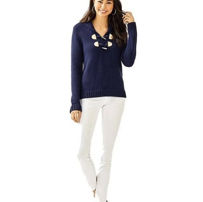 Lilly Pulitzer Bainbridge Sweater Heavy Knit Shawl Collar Toggle Navy Gold Sz L