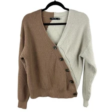 Doe & Rae Cream & Brown Knit Cropped Sweater – Asymmetrical Button Detail Size S