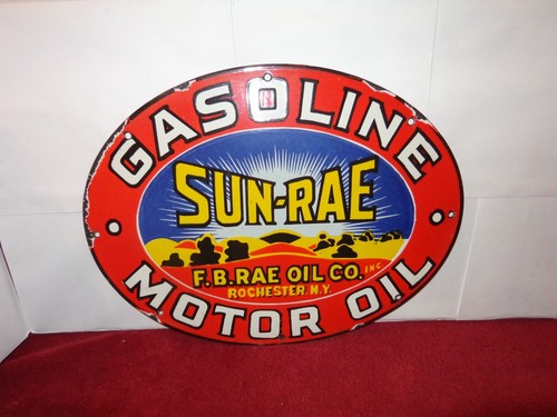 VINTAGE 18x14 in SUN-RAE GAS & MOTOR OIL ADV. SIGN HEAVY METAL PORCELAIN - C 46 - Picture 5 of 6