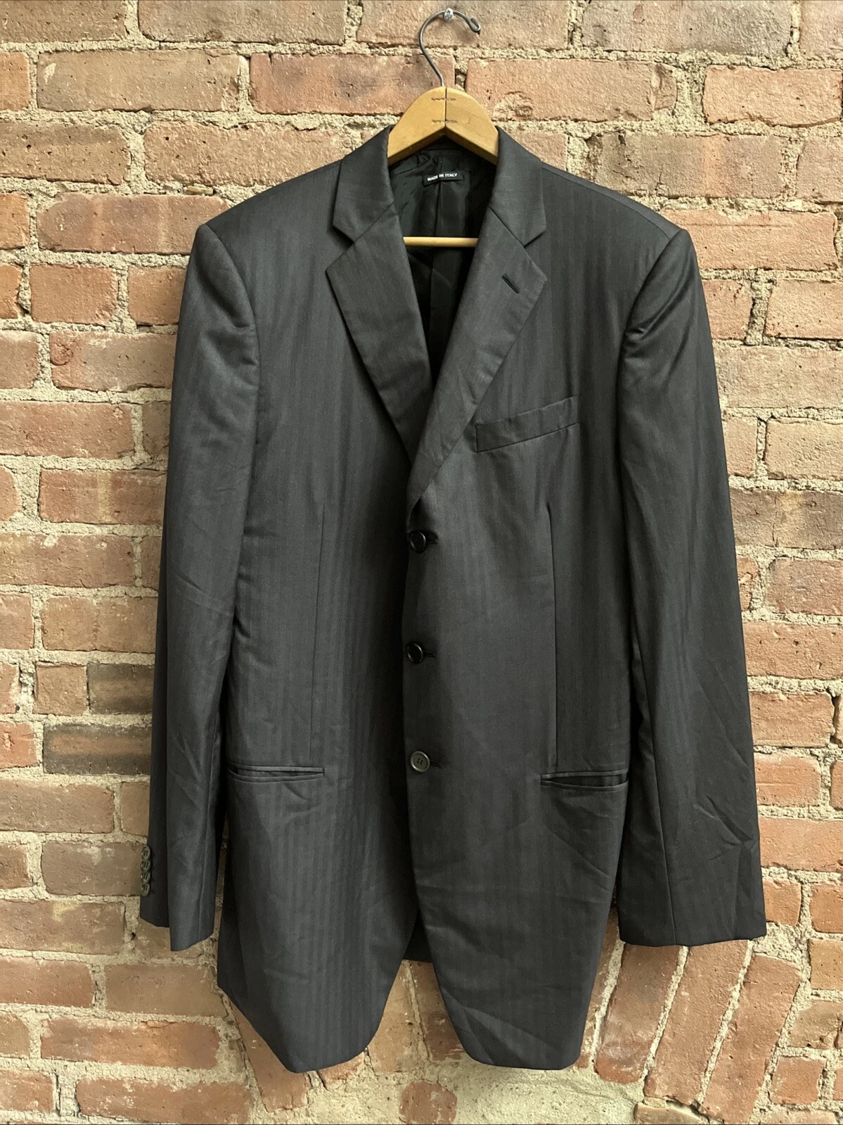 Giorgio Armani — Giorgio Armani Men’s Long Jacket, Sz 50, Black Stripe Jacquard Super 150’s Wool