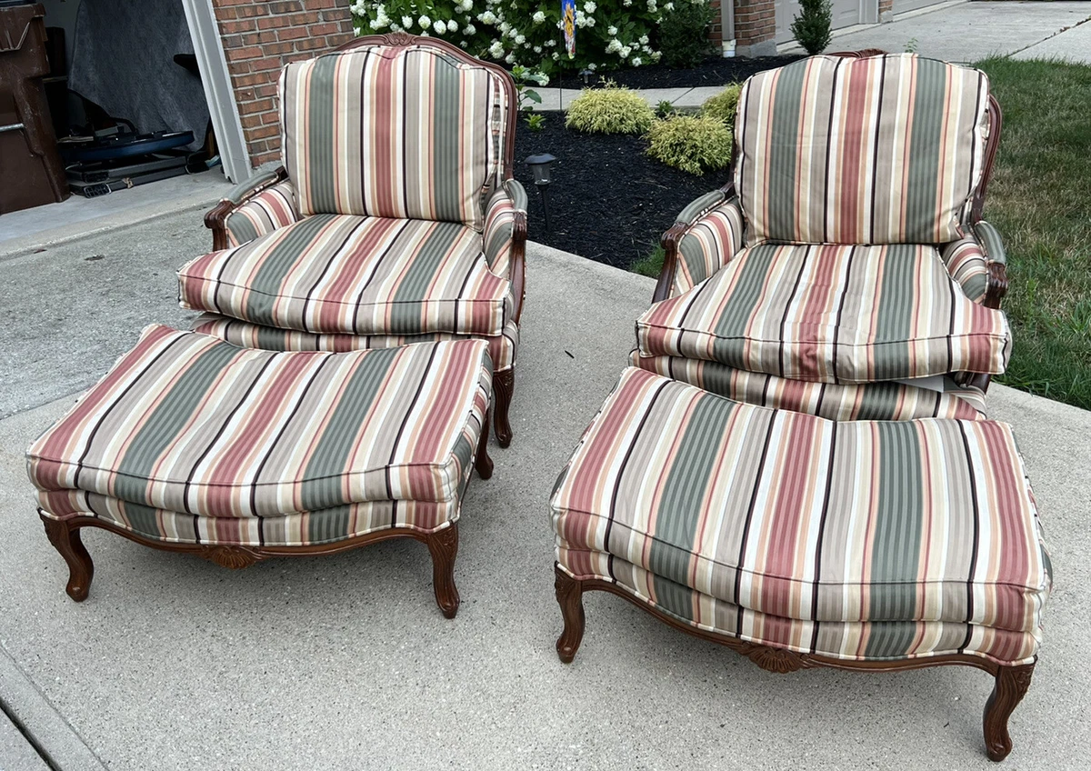 Henredon Louis XV Bergere Upholstered Carved Chairs A Pair 2 Ottomans  Striped