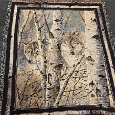 Vintage David Wenzal Wolf Tapestry Throw Blanket Fringed 55" x 47" Birch Trees - Image 1 of 4