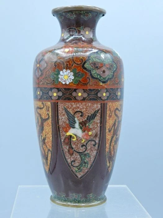Japanese Enamel Over Copper Cloisonne Vase with Dragons and Phoenix.